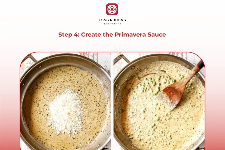 Making creamy pasta primavera sauce with cream and Parmesan