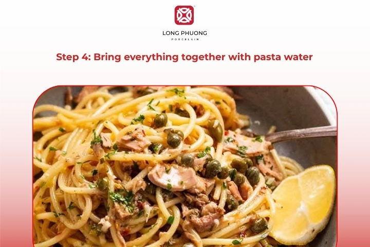 Mixing tuna Italian pasta with pasta water