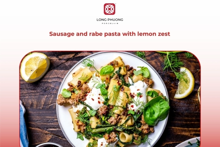 Sausage and rabe pasta topped with fresh lemon zest