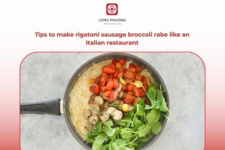 Restaurant style rigatoni sausage broccoli rabe plated elegantly