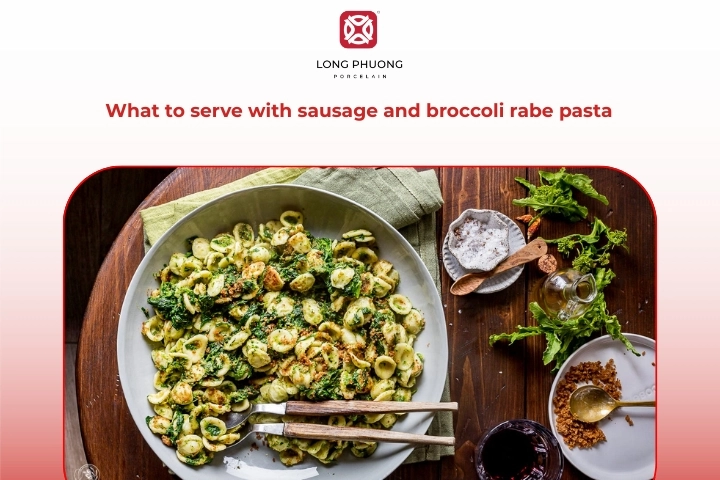 Sausage and broccoli rabe pasta served with salad and rustic bread