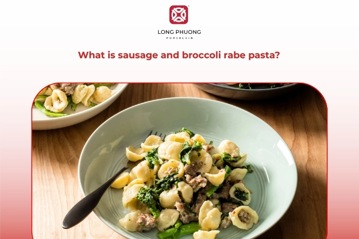 Sausage and broccoli rabe pasta showing Italian sausage and fresh rapini