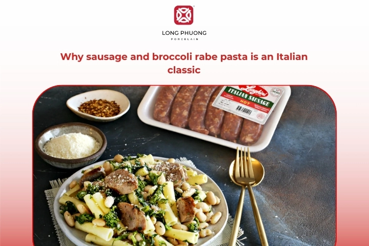 Traditional Italian sausage broccoli rabe pasta with rustic presentation