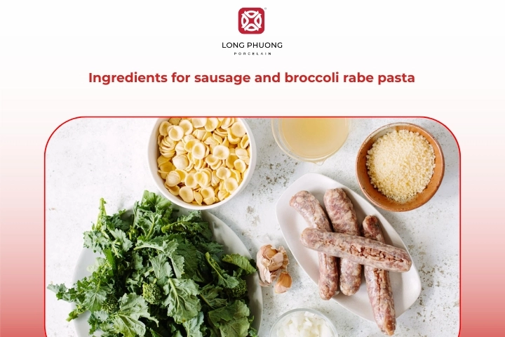 Fresh ingredients for sausage and broccoli rabe pasta