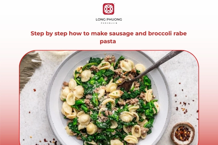Cooking process of broccoli rabe and sausage pasta in a skillet