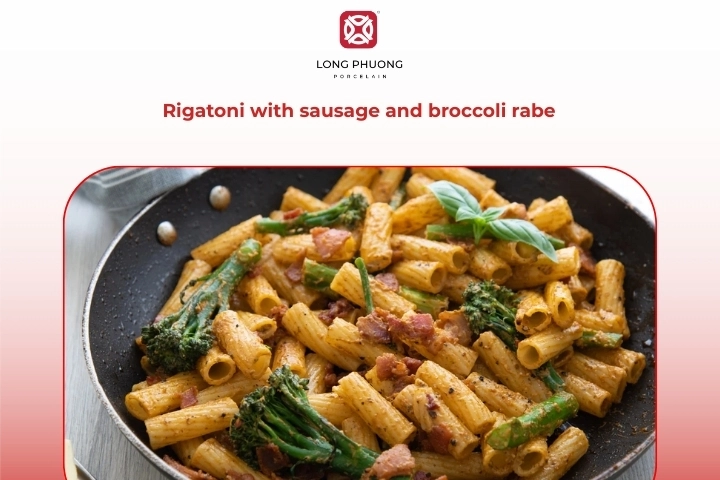 Rigatoni with sausage and broccoli rabe coated in olive oil sauce