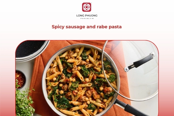 Spicy sausage and rabe pasta with red pepper flakes and garlic