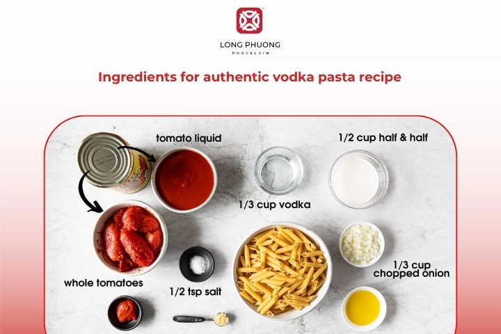 Ingredients for authentic vodka pasta recipe with penne, tomato, cream, and vodka