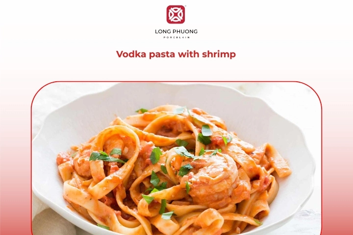 Creamy vodka pasta topped with shrimp