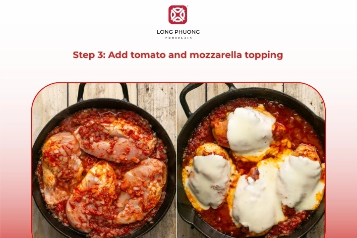 Adding tomato sauce and mozzarella cheese on chicken before baking