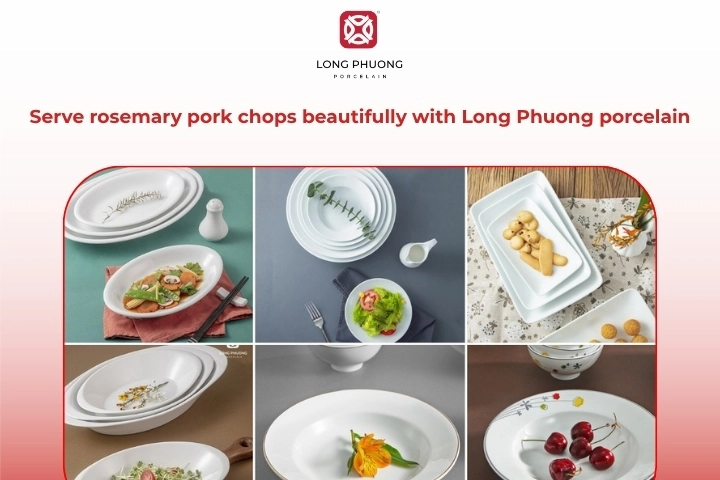 Rosemary pork chops plated on Long Phuong porcelain elegant table setting