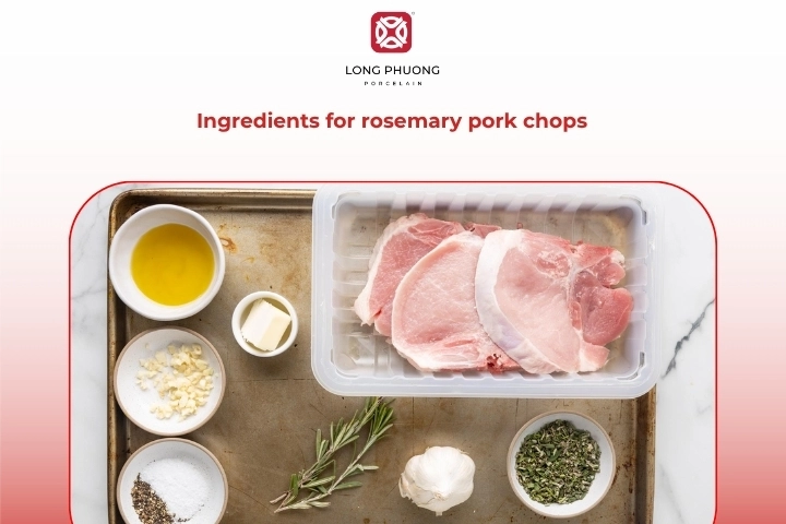 Ingredients for rosemary pork chops recipe with pork loin chops and brown sugar rub