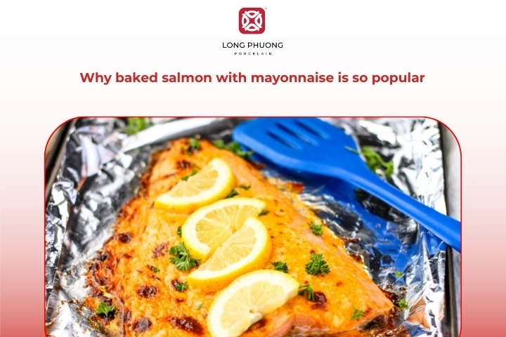 Juicy baked salmon with mayonnaise showing moist texture