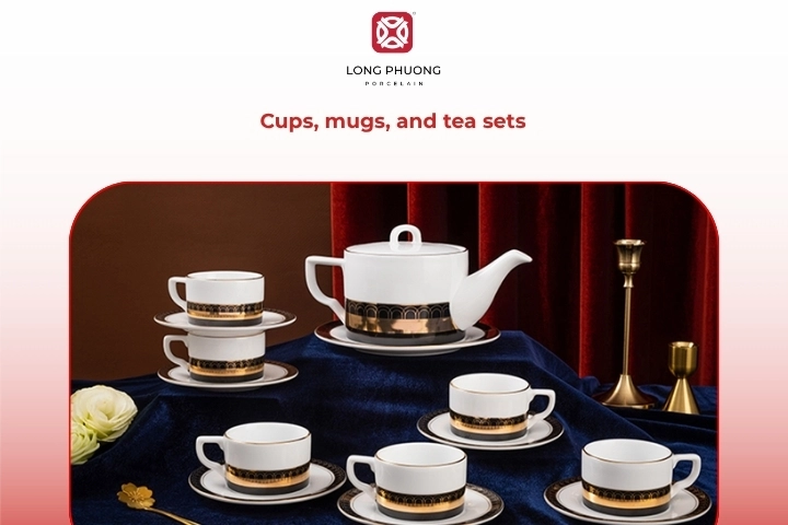 Cups mugs and tea sets for restaurant beverage service