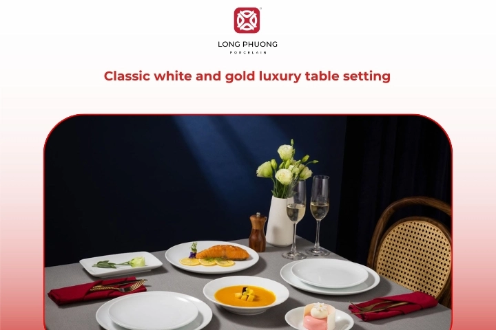 White and gold luxury table setting with elegant porcelain