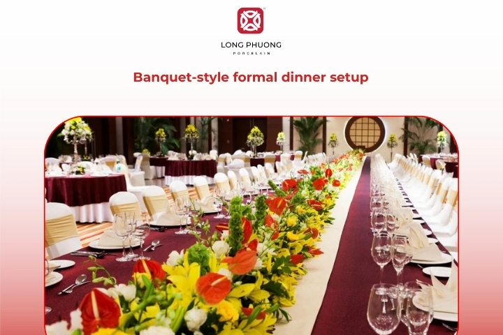 Banquet-style formal dinner table arrangement
