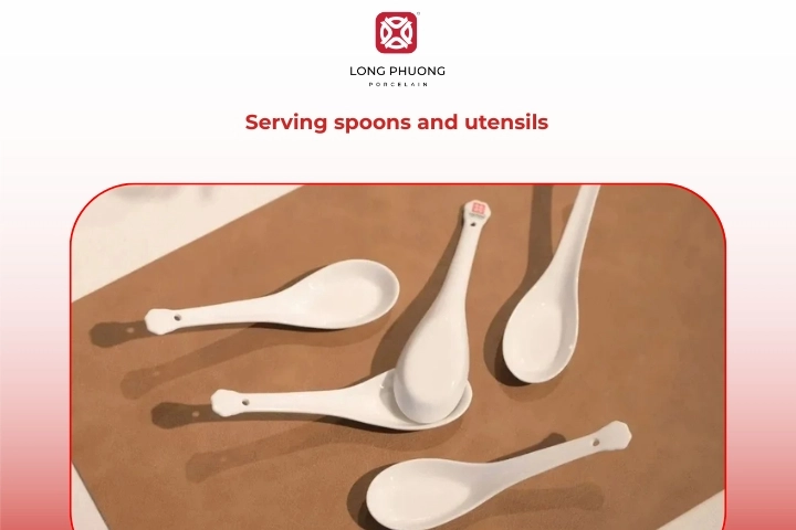 Serving spoons and kitchen utensils beside porcelain dishes