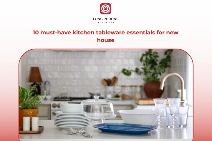 Modern kitchen tableware essentials arranged on a dining table in a new home