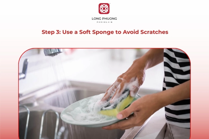 Cleaning porcelain plates with a soft sponge to avoid scratches