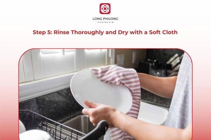 Drying clean porcelain dishes with a soft microfiber cloth