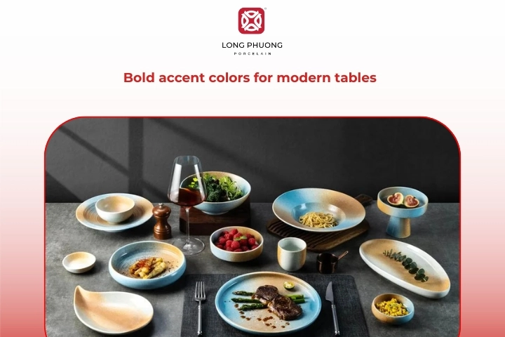 Bold accent color tableware trends featuring deep blue, green