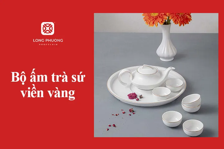 bộ ấm trà sứ viền vàng