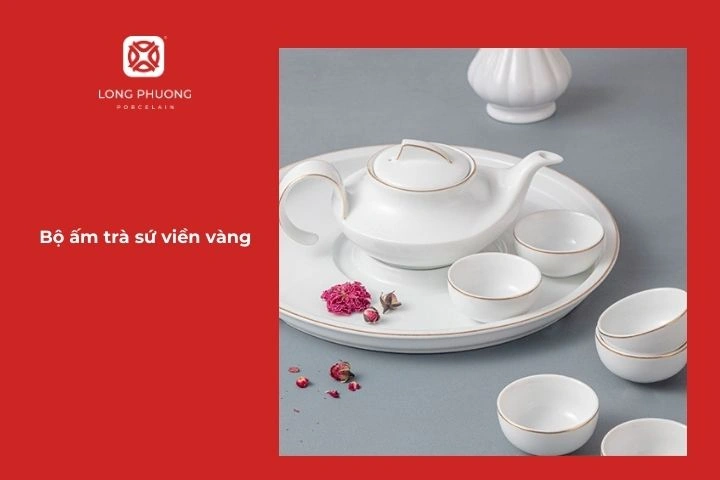 Bộ ấm trà sứ viền vàng sứ Long Phương