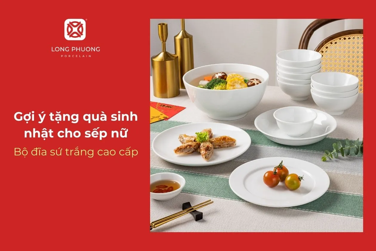 bộ bát đĩa sứ trắng tặng sếp nữ