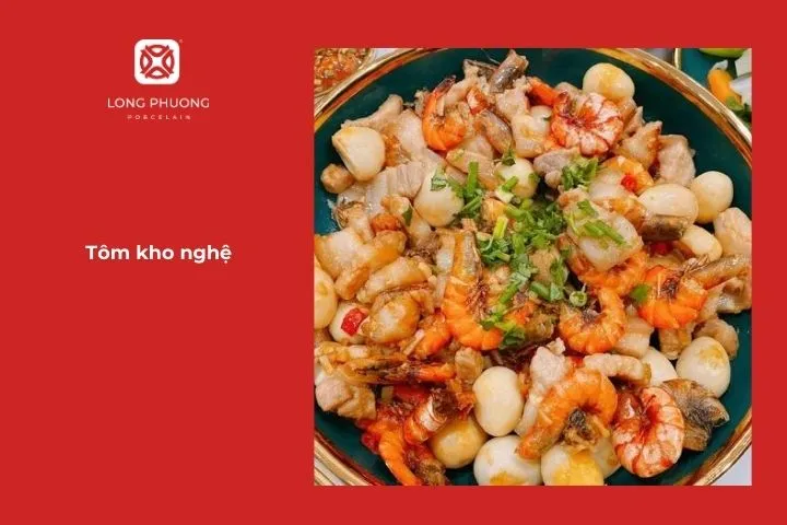 Tôm kho nghệ với màu vàng óng ánh cùng hương vị thơm ngon