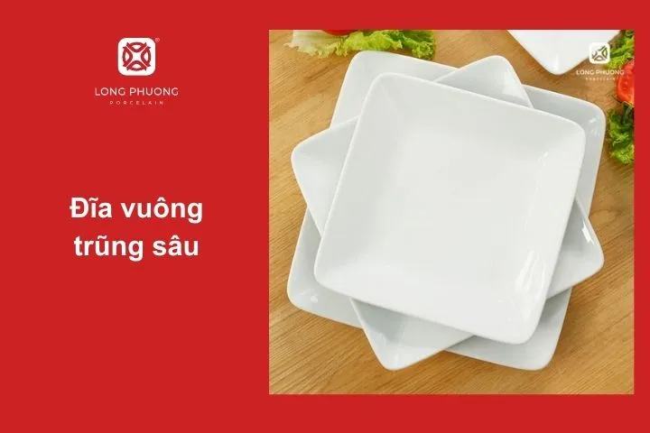 Đĩa vuông lòng sâu, phù hợp với các món xào hoặc các món cần trình sáng tạo