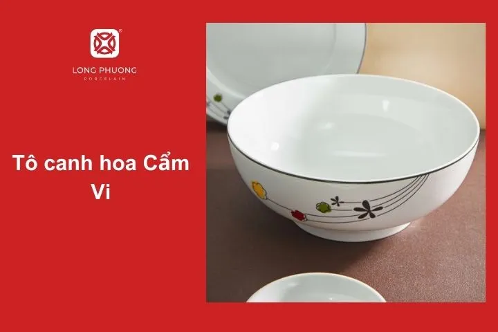 Tô sứ hoa Cẩm Vi của Sứ Long Phương được thiết kế tinh tế với họa tiết sắc nét nhờ công nghệ in dán hiện đại, đảm bảo bền màu theo thời gian