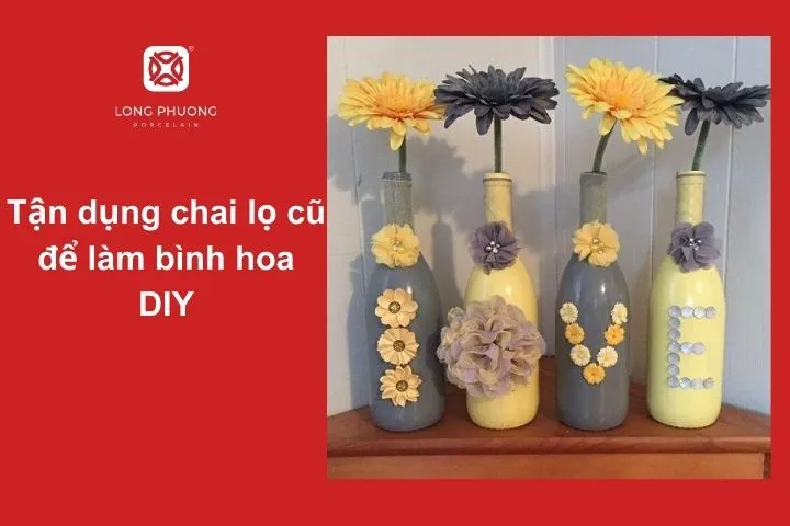 Những chai thủy tinh cũ có thể biến thành bình hoa xinh xắn bằng cách sơn màu, vẽ họa tiết...