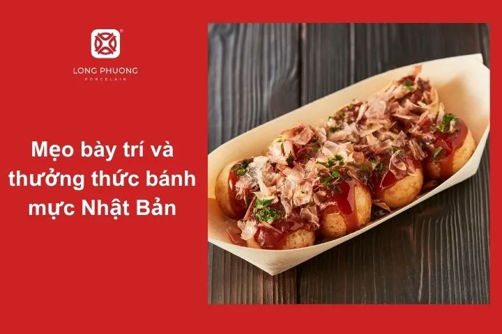 Takoyaki được sắp xếp tinh tế trên đĩa sứ sang trọng, tạo nên vẻ đẹp nghệ thuật cho món ăn