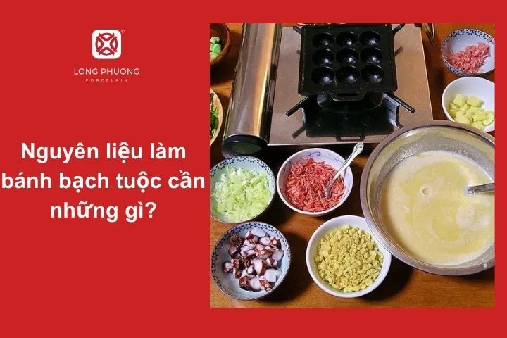 Các nguyên liệu chính để làm Takoyaki: bột bánh, bạch tuộc tươi, trứng, hành lá, sốt mayonnaise và cá bào