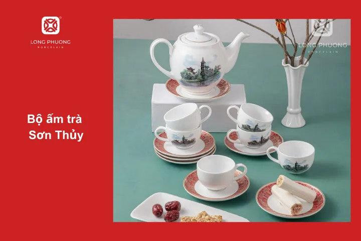 Bộ ấm trà sứ Sơn Thủy để làm quà tặng bố mẹ