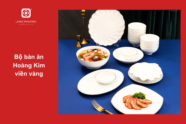 Bộ bàn ăn Hoàng Kim vàng thanh nhã, nhẹ nhàng nhưng vẫn toát lên sự đẳng cắp với viền mạ vàng ấn tượng.