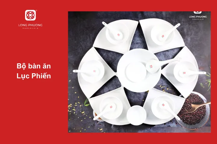 Bộ bàn ăn Lục Phiến với điểm nhấn là những chiếc đĩa hình quạt ấn tượng, tượng trưng cho sự trọn vẹn, đủ đầy