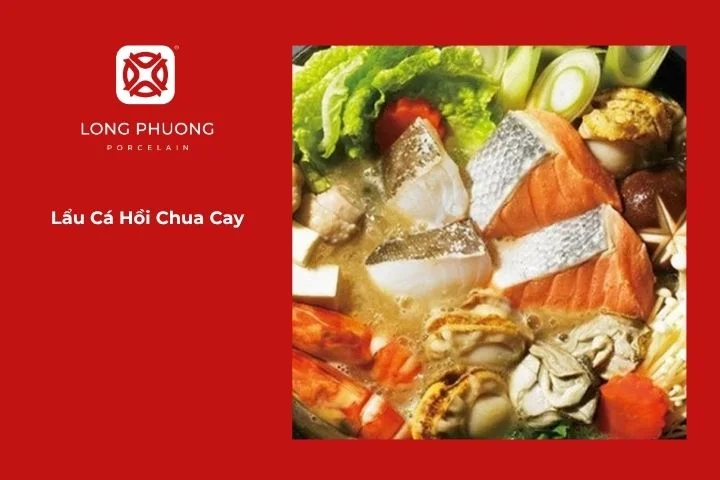 Lẩu cá hồi chua cay với đầu cá, lườn cá, măng chua