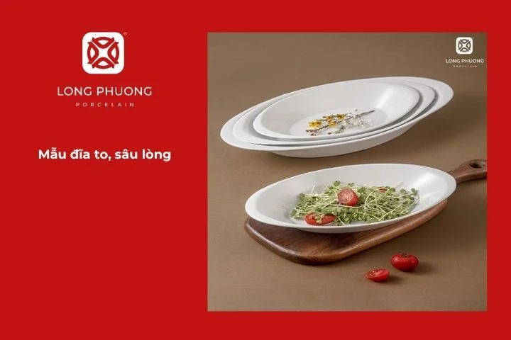 Đĩa sứ trắng sâu lòng, phù hợp cho canh chua cá hồi và lẩu cá hồi