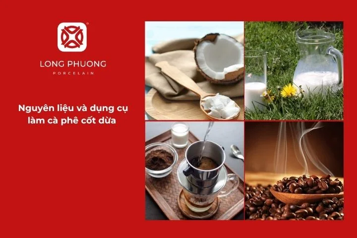 Nguyên liệu làm cafe cốt dừa gồm cà phê phin, nước cốt dừa, sữa đặc và đá viên