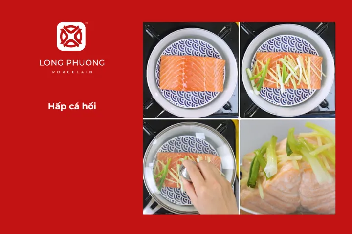 Đặt đĩa cá hồi vào nồi và hấp cách thủy khoảng 10 phút cho cá chín đều