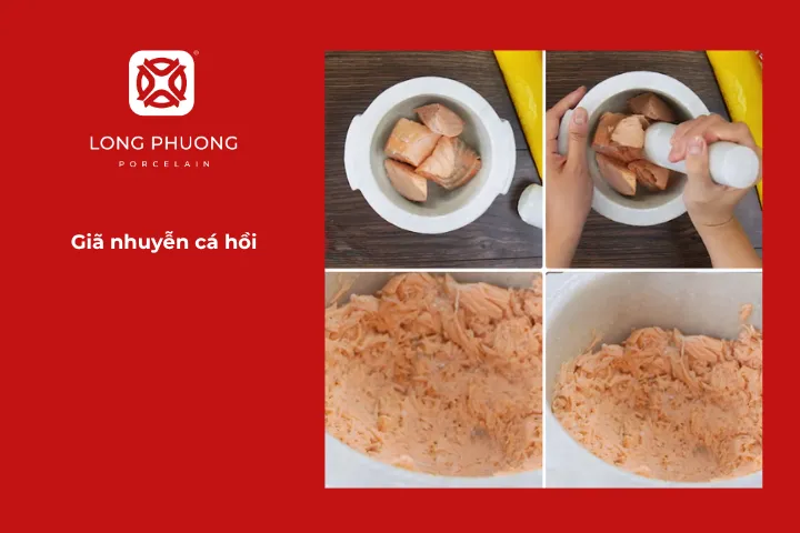 Khi cá hồi đã chín, cho cá vào cối và giã nhuyễn để tạo phần thịt mềm mịn