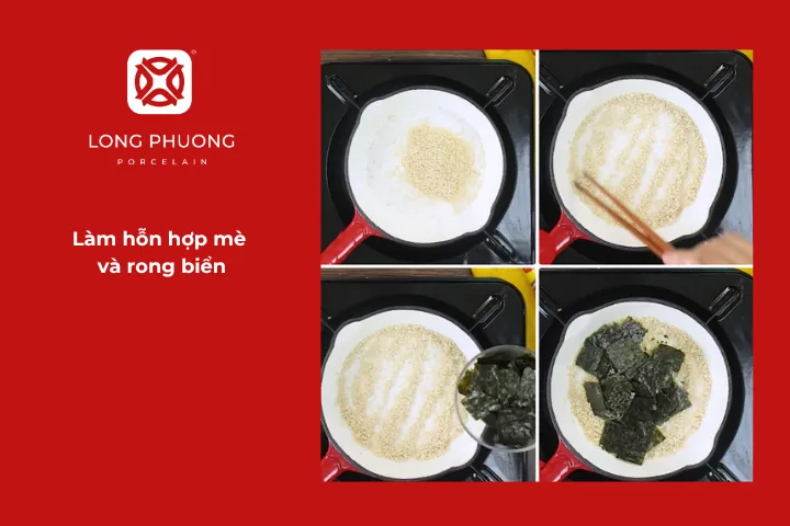 Đặt chảo lên bếp, cho mè vào rang trên lửa nhỏ khoảng 5 phút đến khi mè ngả vàng