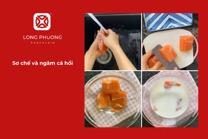 Rửa sạch cá hồi với nước, lóc bỏ da và cắt thành những miếng vuông vừa ăn