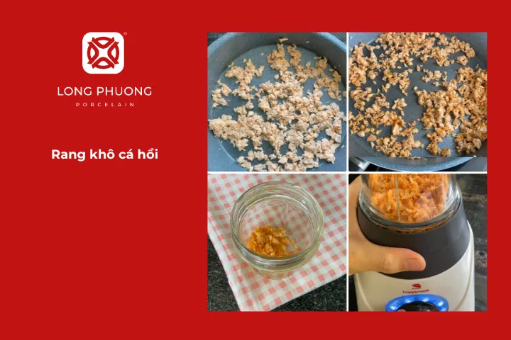 Cho cá hồi đã xé vào chảo và rang trên lửa nhỏ, đảo đều liên tục