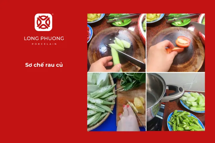 Sơ chế rau củ cho món đầu cá hồi nấu canh chua