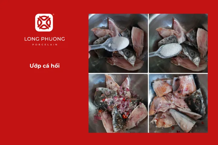 Ướp cá hồi chuẩn bị cho món đầu cá hồi nấu canh chua