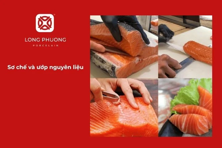 Ướp cá hồi với gia vị để nấu lẩu chua cay