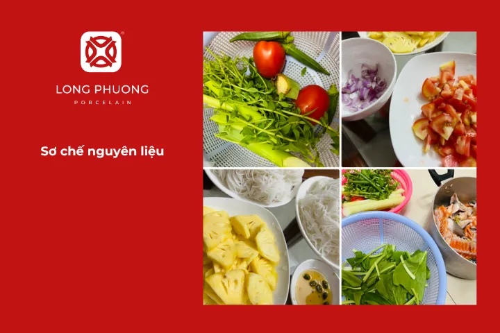 Sơ chế nguyên liệu cho món lẩu cá hồi măng chua