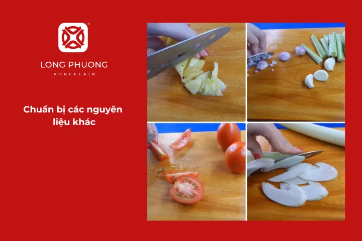 Chuẩn bị các nguyên liệu khác cho món lẩu cá hồi chua cay